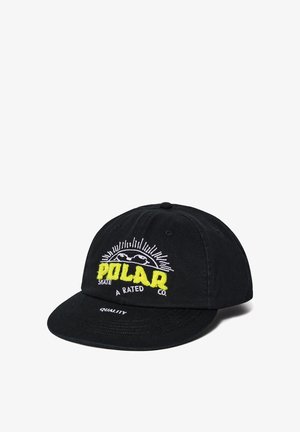 Czarna bawełniana czapka z daszkiem z żółtym haftowanym napisem "POLAR", ozdobiona wzorem słońca oraz napisem "SKATE A RATED CO." na przodzie.
