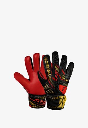 Reusch goalkeeper gloves with a red palm, black and gold accents, textured grip, and a patterned backhand for enhanced control and fit.