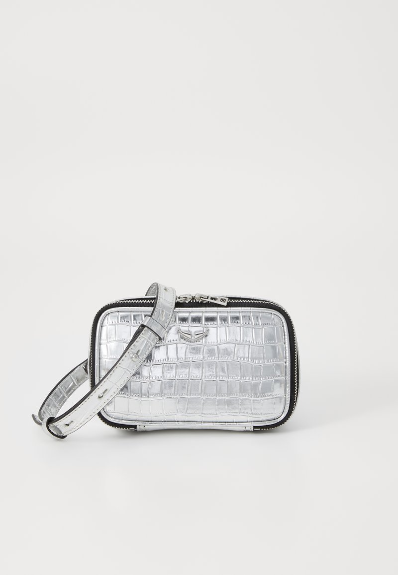 Silver crocodile-textured handbag with a zip closure and a flat strap. Features black trim and a logo detail on the front.