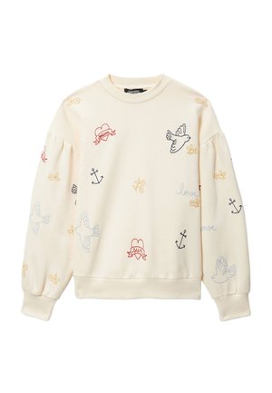 Sweat-shirt crème avec des oiseaux bleus brodés, des cœurs rouges accompagnés de banderoles "rêve" et "soleil", des ancres noires, des fleurs jaunes et le texte "amour".