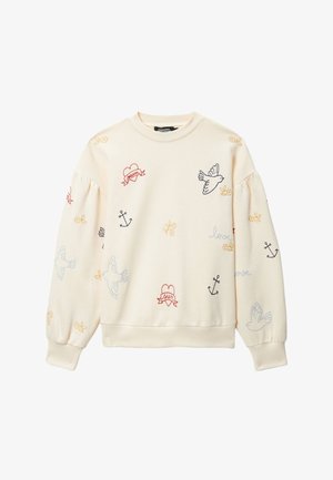 Sweat-shirt crème avec des oiseaux bleus brodés, des cœurs rouges accompagnés de banderoles "rêve" et "soleil", des ancres noires, des fleurs jaunes et le texte "amour".