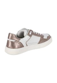 White leather sneaker with metallic rose gold accents, textured patterns on the toe, and a rubber sole. Features round laces and stitched detailing.