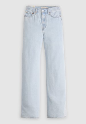 Light blue high-waisted straight-leg denim jeans with button closure and front pockets, displayed on a plain background.