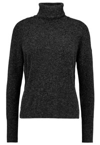 Suéter de cuello alto de punto gris oscuro con mangas largas, hecho de una tela suave y texturizada, con un corte relajado y puños acanalados.