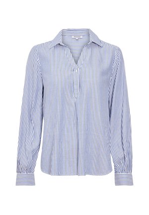 Blusa de rayas con cuello, mangas largas y tapeta de botones. Hecha de una tela ligera en colores azul y blanco.