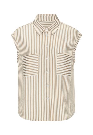 Gestreifte kurzärmlige Karohemden in hellbeige und cremigen Tönen, mit zwei Brusttaschen mit horizontalen Streifen und einem spitzen Kragen.