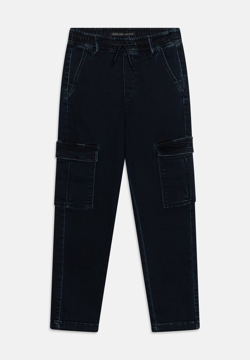 Pantalon cargo jogger noir avec taille élastique, cordon de serrage, poches latérales et poches à rabat sur chaque cuisse.