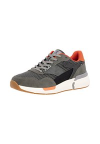 Gray suede and mesh sneaker with black accents and orange heel. Features a cushioned sole and gray laces. Textured design with rubber outsole.