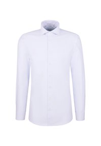 Camicia bianca a maniche lunghe realizzata in tessuto morbido, con colletto classico, chiusura con bottoni e polsini abbottonati, e orlo dritto.