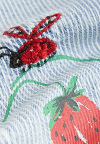 Siuvinėta medžiaga pasižymi mėlynos ir baltos spalvų dryžuotu raštu. Matoma raudona boružėlė ir raudonas braškėlis su žaliais lapais.