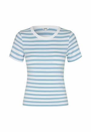 Maglietta aderente a maniche corte con strisce orizzontali azzurro chiaro e bianche e scollo tondo bianco.