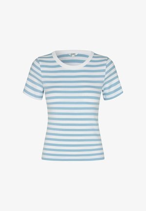 Maglietta aderente a maniche corte con strisce orizzontali azzurro chiaro e bianche e scollo tondo bianco.