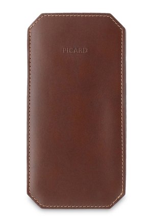Brown leather glasses case with beige stitching and embossed "PICARD" logo centered on the front.