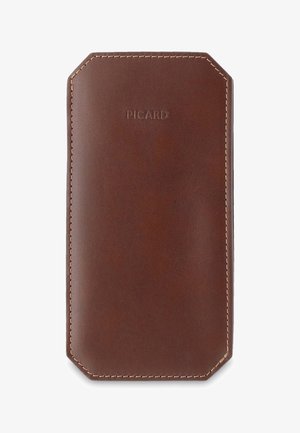 Braunes Lederetui für Brillen mit beigen Nähten und geprägt "PICARD" Logo, mittig auf der Vorderseite.