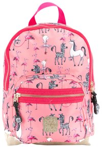 Roze rugzak met een ritssluiting aan de voorkant. Het ontwerp bevat flamingo's en zebra's. Afgewerkt met een rode ritssluiting en een beige onderkant.