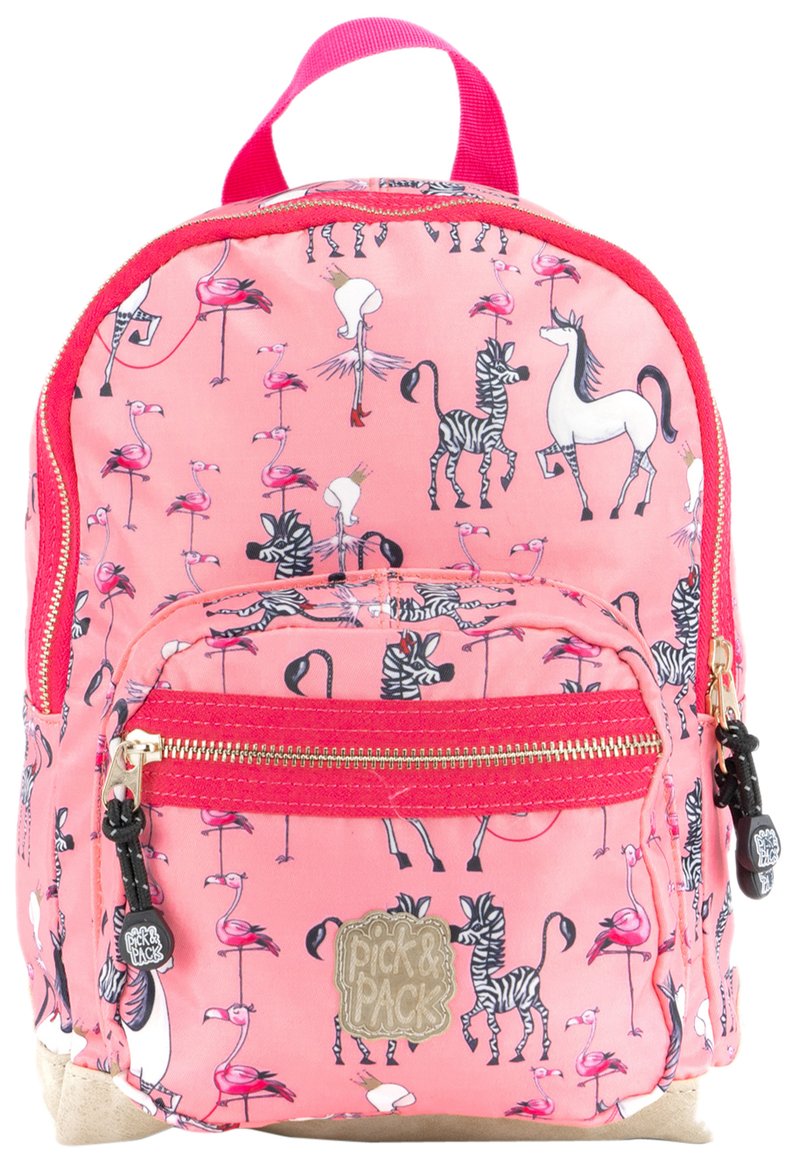 Roze rugzak met een ritssluiting aan de voorkant. Het ontwerp bevat flamingo's en zebra's. Afgewerkt met een rode ritssluiting en een beige onderkant.