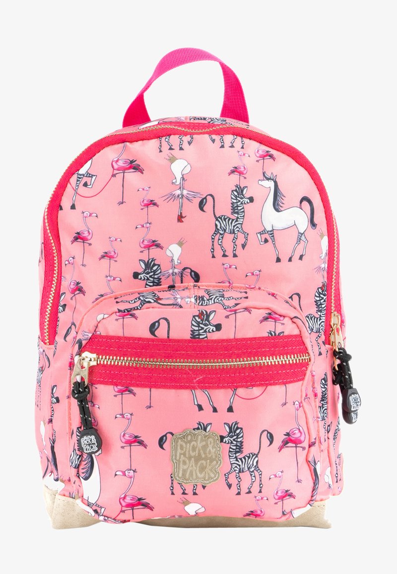 Pink backpack featuring a zipper front pocket. Design includes flamingos and zebras. Trimmed with a red zipper and a beige bottom.