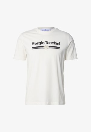 Bílé bavlněné tričko s kulatým výstřihem, krátkými rukávy a černým grafickým potiskem s nápisem "Sergio Tacchini" a logem na přední straně.