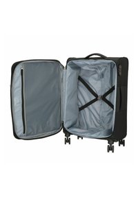 Valigia nera con interno grigio, una tasca con zip in rete e cinghie regolabili. Ruote lisce e maniglia robusta per un trasporto facile.