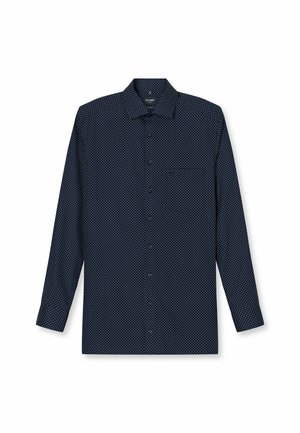 Marineblauwe longsleeve shirt gemaakt van stof met kleine witte stippen, voorzien van een button-down kraag en een sluiting met knopen aan de voorkant.