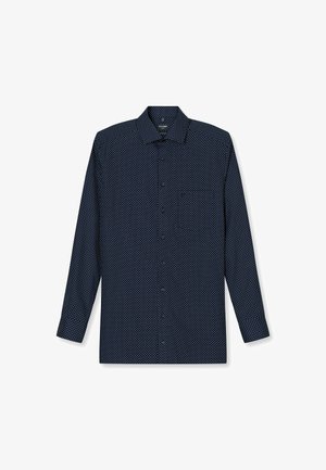 Marineblauwe longsleeve shirt gemaakt van stof met kleine witte stippen, voorzien van een button-down kraag en een sluiting met knopen aan de voorkant.