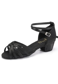 Black sandals with a block heel, featuring an open toe design, multiple satin straps, and an ankle strap with a buckle closure.