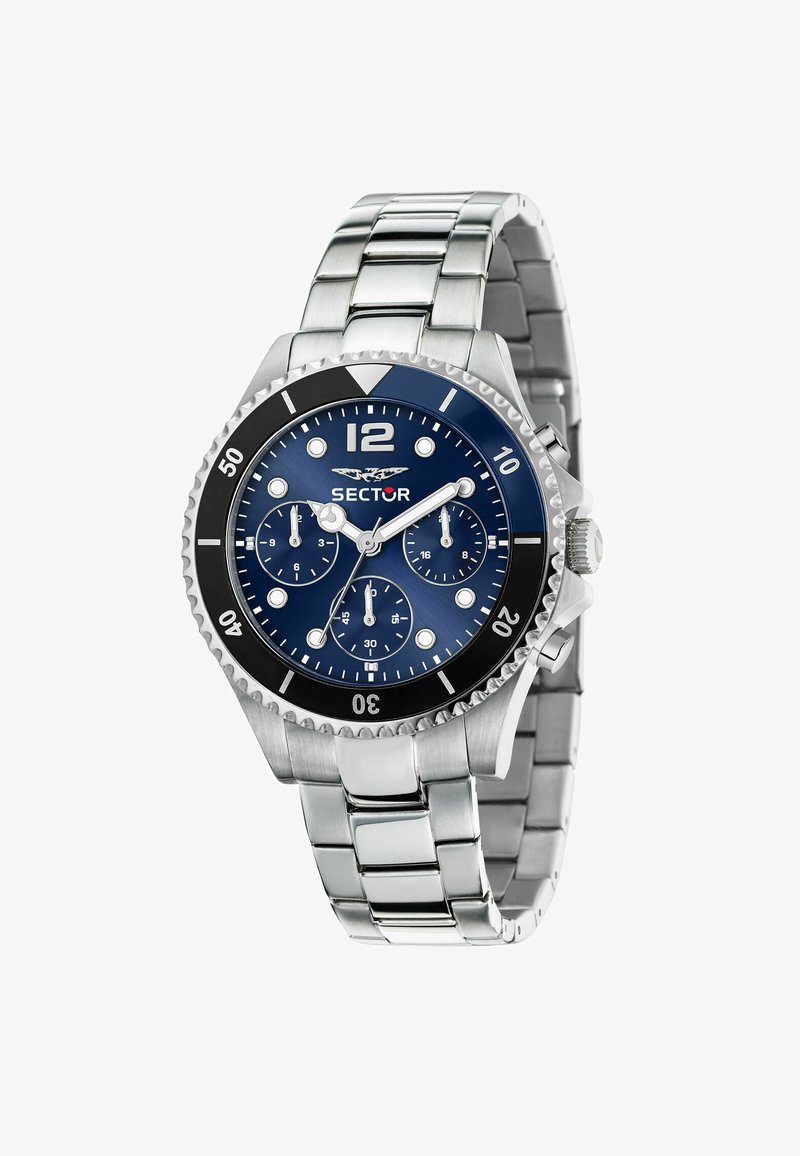 Orologio in acciaio inox argentato con quadrante blu navy, indicatori bianchi, tre sotto-quadranti e una lunetta nera. Presenta un bracciale di tipo cinturino.