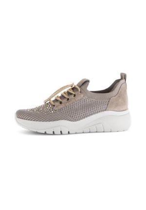 Beige knit sneaker with gold laces, embellished toe, padded collar, and thick white sole for casual wear.