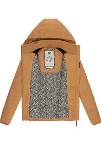 Men's hooded jacket in tan, with a floral-patterned blue interior lining. Features elastic cuffs and a front zipper closure.