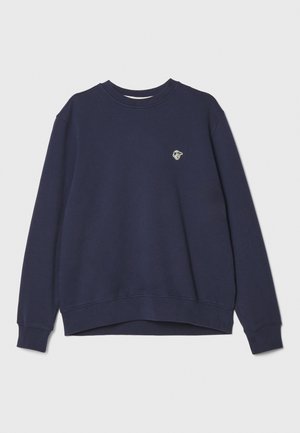 Navy blue sweatshirt made of cotton blend fabric. Features a crew neck, long sleeves, ribbed cuffs, and a small logo on the chest.