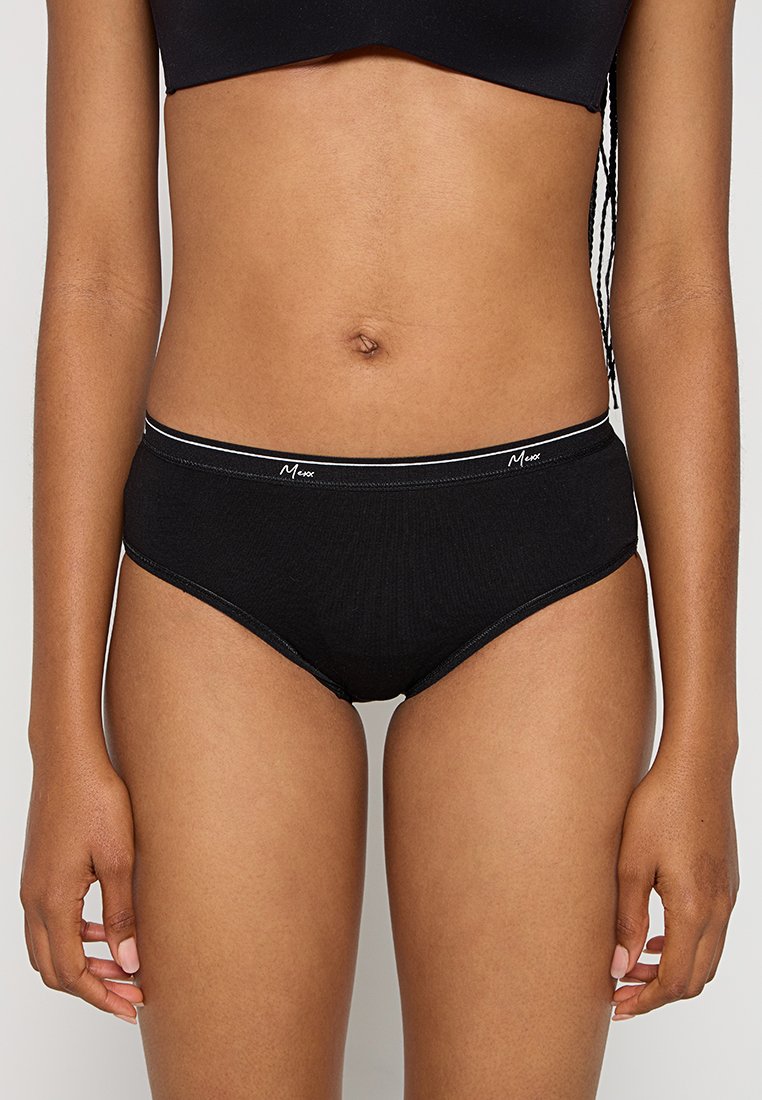 Czarne bawełniane figi hipster z textured wykończeniem oraz elastycznym paskiem w talii z białymi detalami logo. Dopasowane do standardowego kroju.