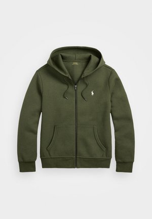 Sweat à capuche zippé vert olive avec poches avant, capuche à cordon, bords-côtes, et petit logo blanc Polo Ralph Lauren sur la poitrine.