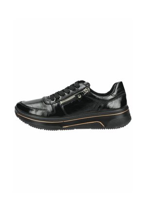 Sneaker in pelle verniciata nera con lacci neri, cerniera laterale e suola nera con una sottile fascia dorata.