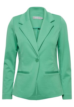 Green, tailored blazer made from soft, stretchy material. Features a notched lapel, single button closure, and two front pockets.