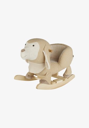 Rocking horse shaped like a dog, made of plush beige fabric with wooden runners, featuring a smiling face, floppy ears, and a soft seat.