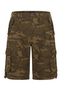 Pantaloni cargo con motivo camouflage marrone e verde, dotati di tasche laterali con patta e bottone, passanti per cintura, chiusura frontale con bottone e zip.