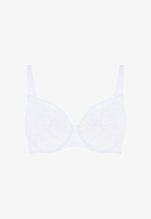 Weißer Spitzentop mit einem Vollverkaufsdesign, das kunstvolle Blättermuster aufweist, verstellbare Träger hat und einen gewellten Rand entlang der Oberkante besitzt.