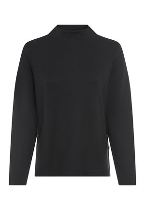 Zwart top met lange mouwen en een hoge kraag, gemaakt van een zacht materiaal, met een ontspannen pasvorm en zijslits voor meer bewegingsvrijheid.