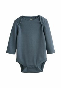 Langærmet baby bodystocking i mørkeblå, fremstillet af blødt stof, med rund halsudskæring, trykknapslukninger i bunden og kontrastsyninger.