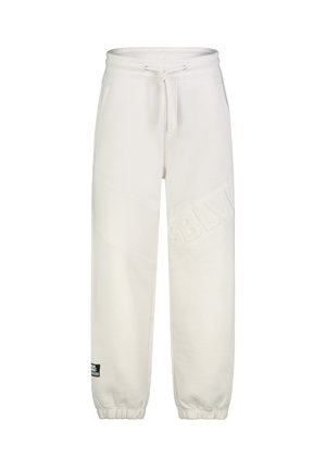 White jogger pants with elastic cuffs, drawstring waist, side pockets, subtle embossed "SBLM" text on leg, and small black label near ankle.