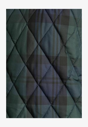 Quilted jacket fabric featuring a dark green and navy plaid pattern, with diamond-shaped stitching and a smooth, glossy texture.