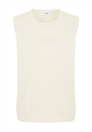 Varrukateta kreemikattega särk pehmest kangast, ümarate käeaukudega ja lõdva lõikega. Minimalistlik disain, ilma mustrite ja metalldetailideta.