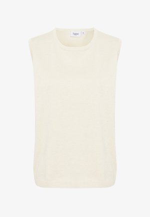 Bež bezrukavi vrh izrađen od mekog materijala, s okruglim izrezom i ležernim krojem. Minimalistički dizajn bez uzoraka ili hardverskih detalja.