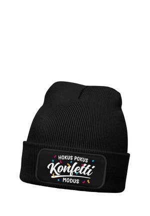 Black knit beanie with folded cuff featuring colorful confetti and white text "Hokus Pokus Konfetti Modus" on front patch.