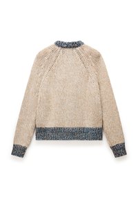 Sweter z dzianiny w kolorze kremowym z niebieskimi akcentami na kołnierzu i dolnym wykończeniu, z prążkowanymi mankietami oraz luźnym krojem z rękawami raglanowymi.