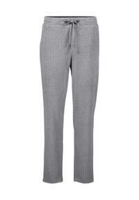 Szare spodnie w luźnym kroju z wzorem w prążki, wykonane z miękkiego materiału. Posiadają elastyczny pas z regulowanym sznurkiem.