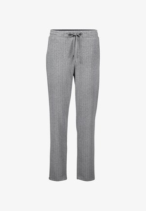 Pantaloni grigi larghi con motivo a righe verticali, realizzati in materiale morbido. Presentano una vita elastica con coulisse regolabile.
