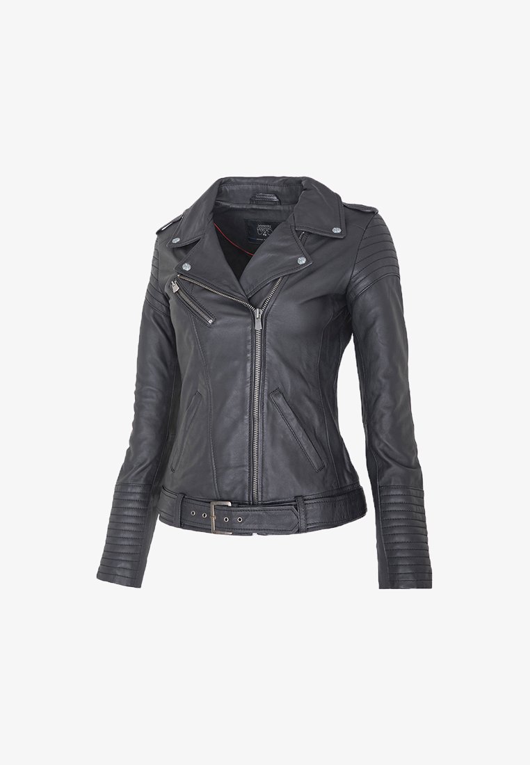 Veste de moto en cuir noir avec fermeture éclair à l'avant, quincaillerie argentée, accents à côtes verticales sur les épaules et les manches, et taille ceinturée.