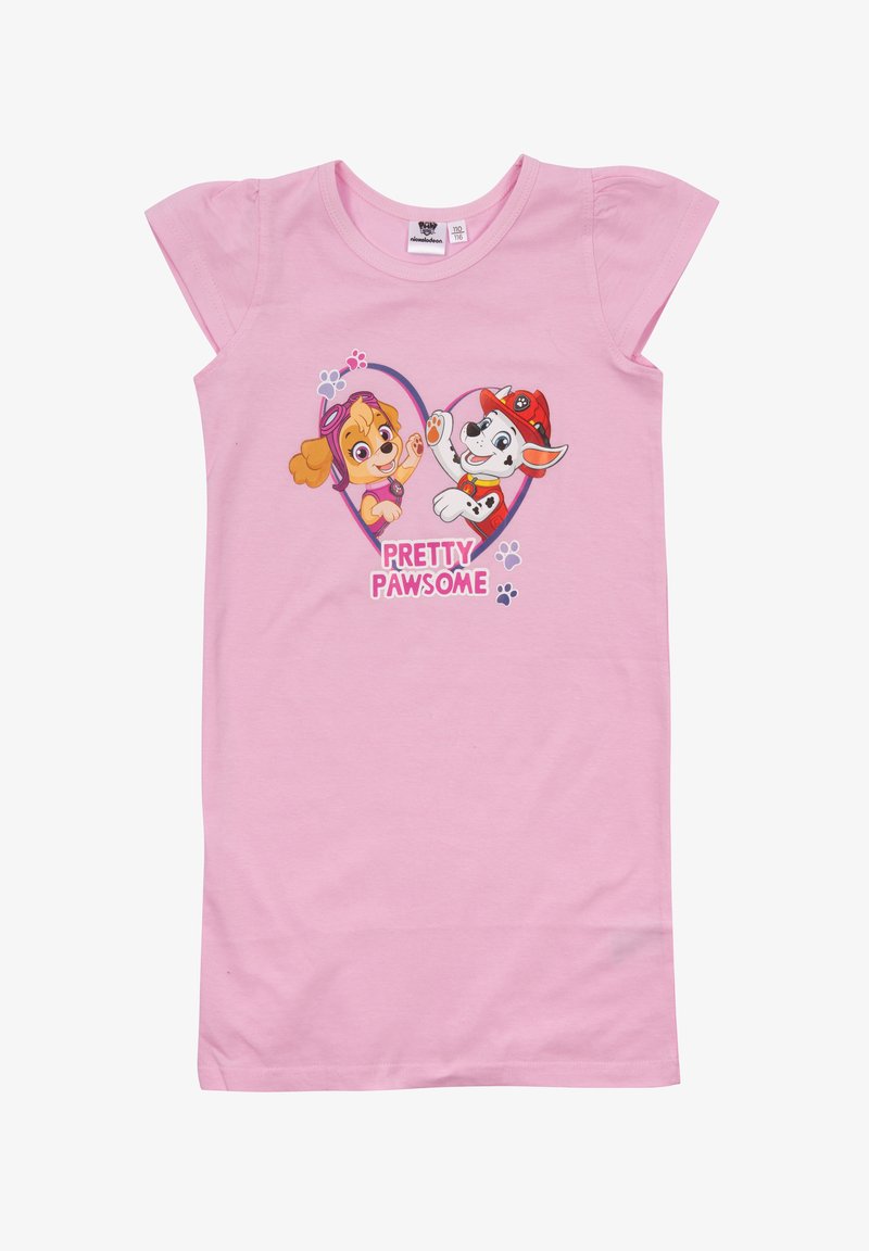 Abito rosa a maniche corte in cotone, con un'illustrazione di due cani dei cartoon circondati da un cuore, con il testo "PRETTY PAWSOME."