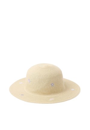 Beige stråhat med bred skygge, dekoreret med diskrete broderede lilla og hvide blomster jævnt fordelt omkring kronen og skyggen.